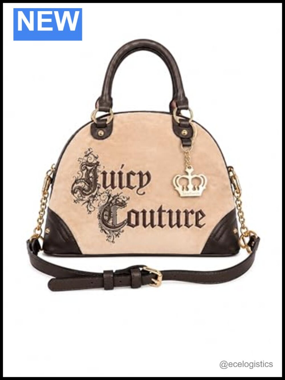 Velour Crossbody Satchel with Crown Charm - Faux Leather Trim